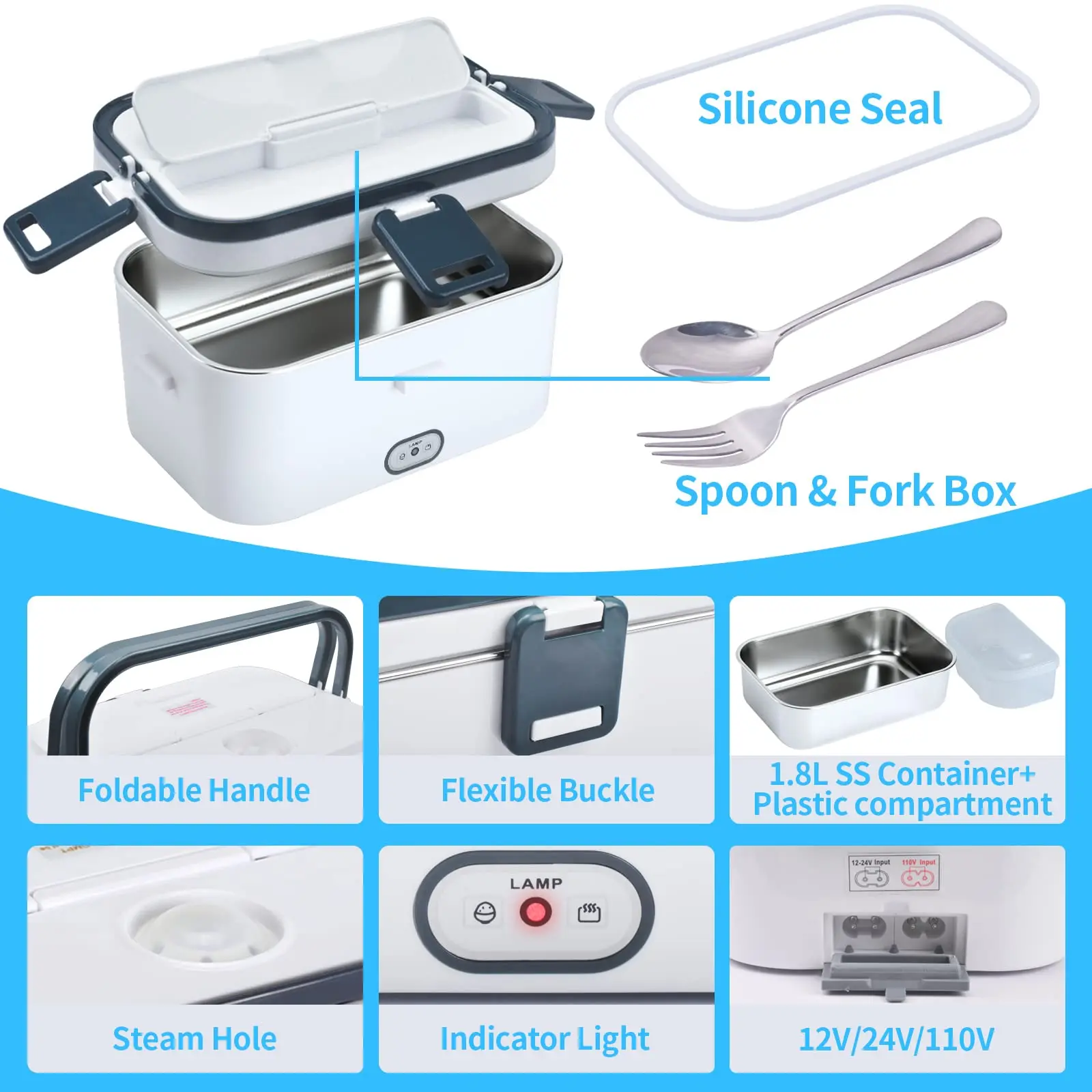 1.8L Electric Lunch Box 60W Food Heated 12V-24V 2-In-1 Portable Food Warmer Heater for Car/Truck/Home Self Heating Box - Image 10