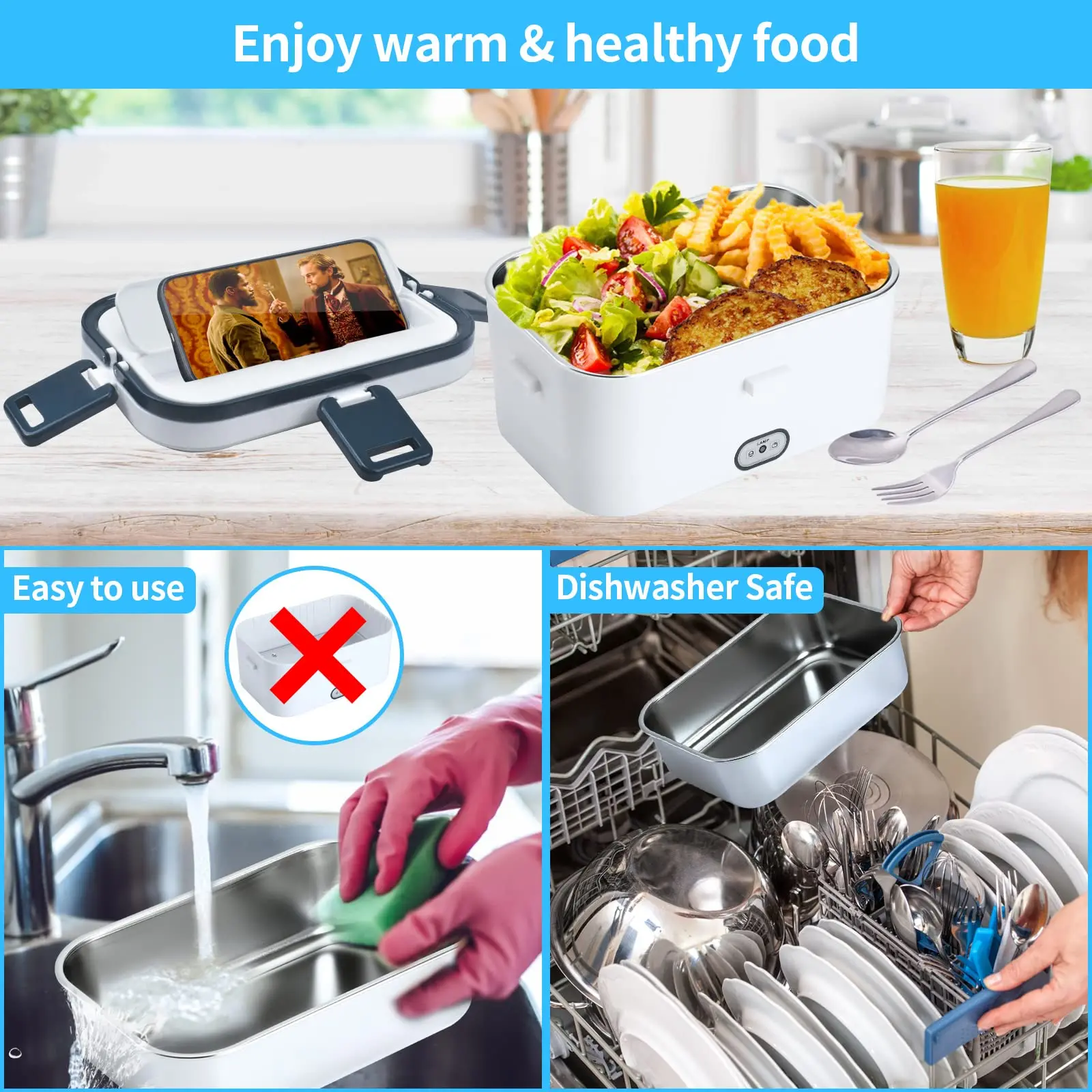 1.8L Electric Lunch Box 60W Food Heated 12V-24V 2-In-1 Portable Food Warmer Heater for Car/Truck/Home Self Heating Box - Image 12
