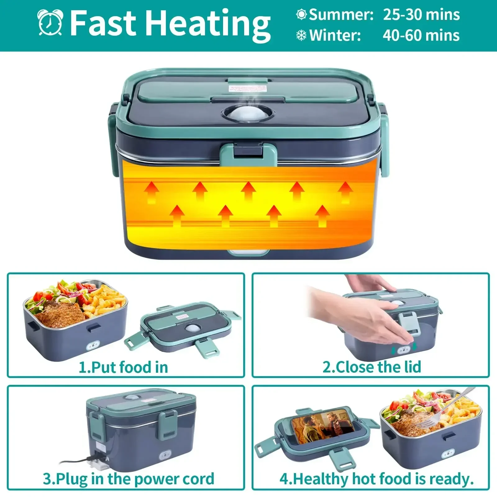 1.8L Electric Lunch Box 60W Food Heated 12V-24V 2-In-1 Portable Food Warmer Heater for Car/Truck/Home Self Heating Box - Image 5