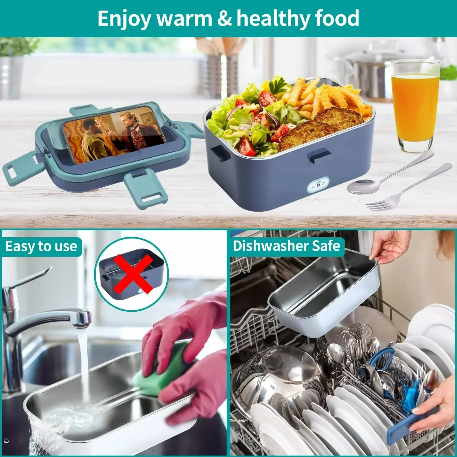 1.8L Electric Lunch Box 60W Food Heated 12V-24V 2-In-1 Portable Food Warmer Heater for Car/Truck/Home Self Heating Box - Image 6
