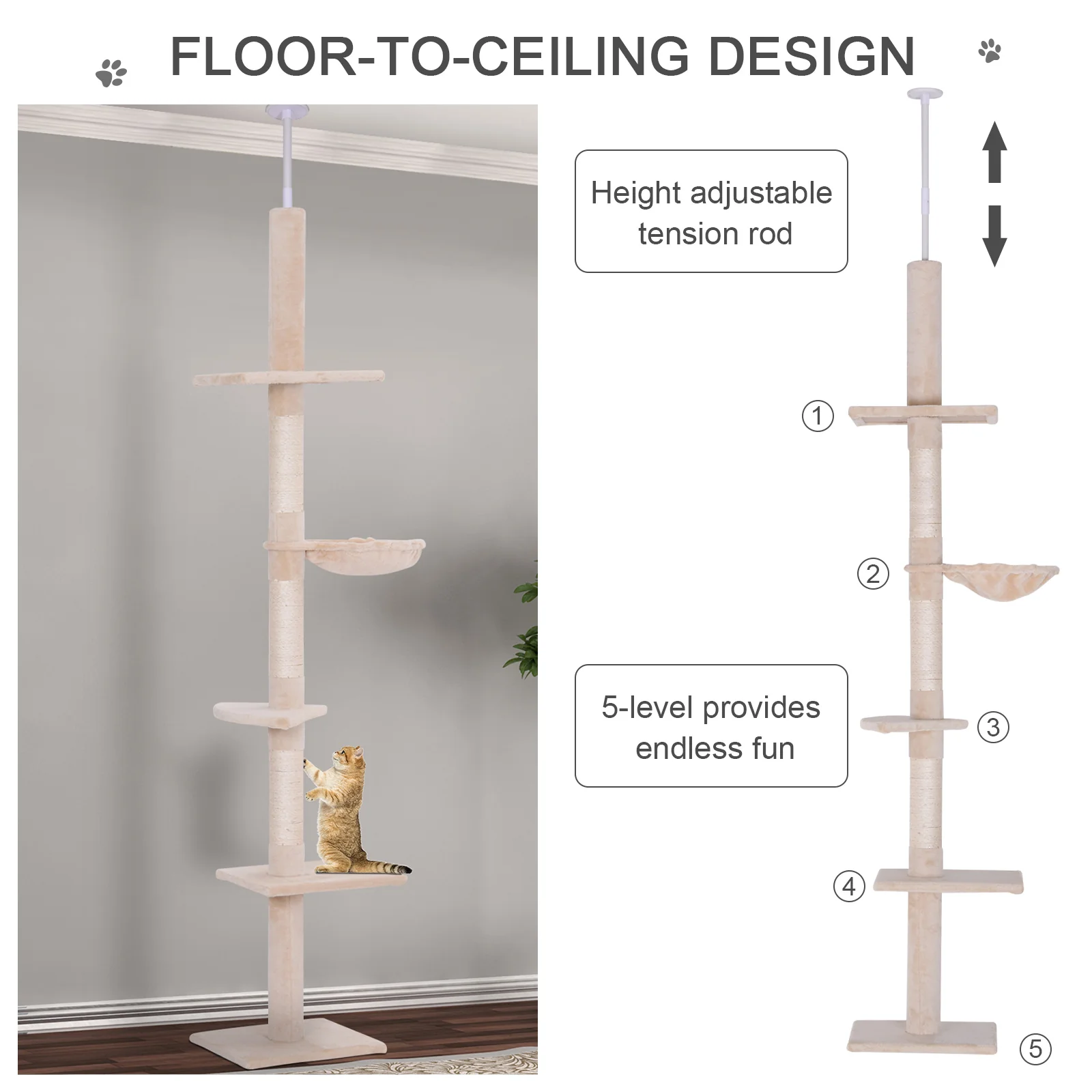 102" Adjustable Height Floor to Ceiling Cat Tree, 5 Level Cat Tower with Scratching Posts, Hammock, Beige - Image 2