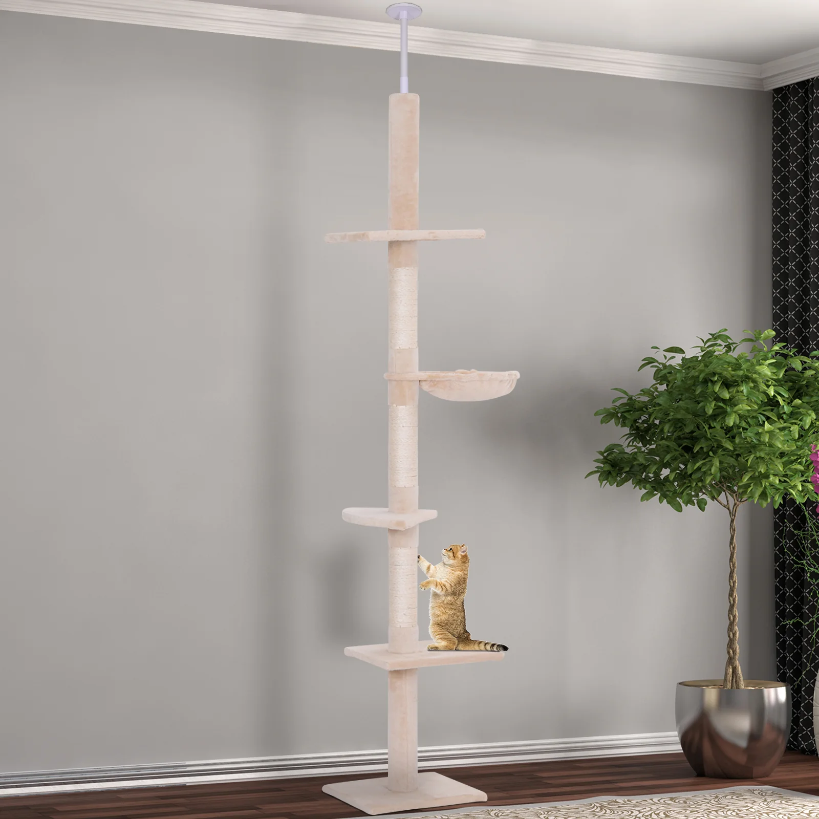 102" Adjustable Height Floor to Ceiling Cat Tree, 5 Level Cat Tower with Scratching Posts, Hammock, Beige - Image 3