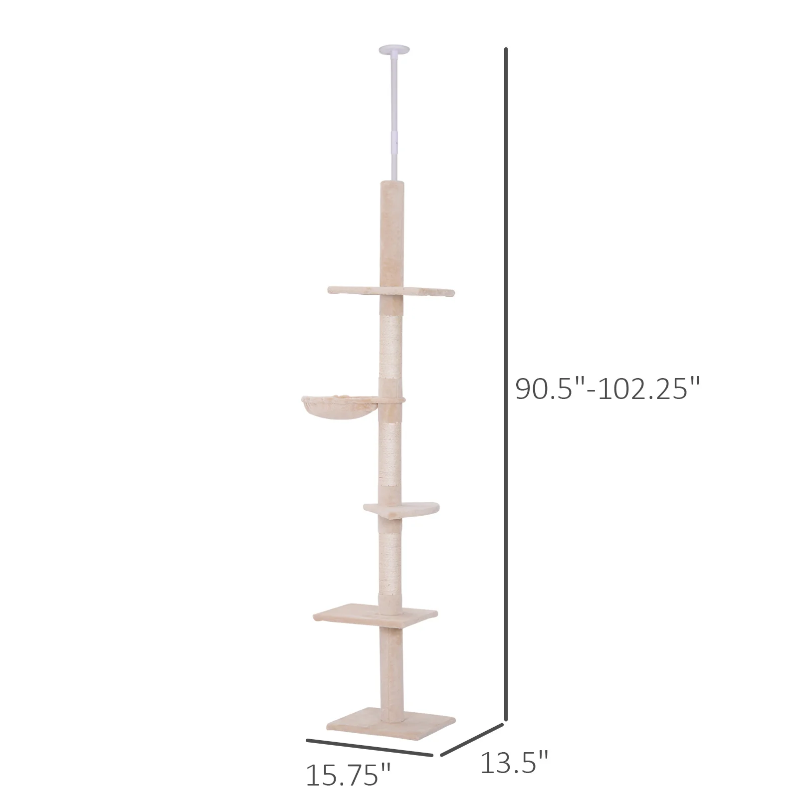 102" Adjustable Height Floor to Ceiling Cat Tree, 5 Level Cat Tower with Scratching Posts, Hammock, Beige - Image 6