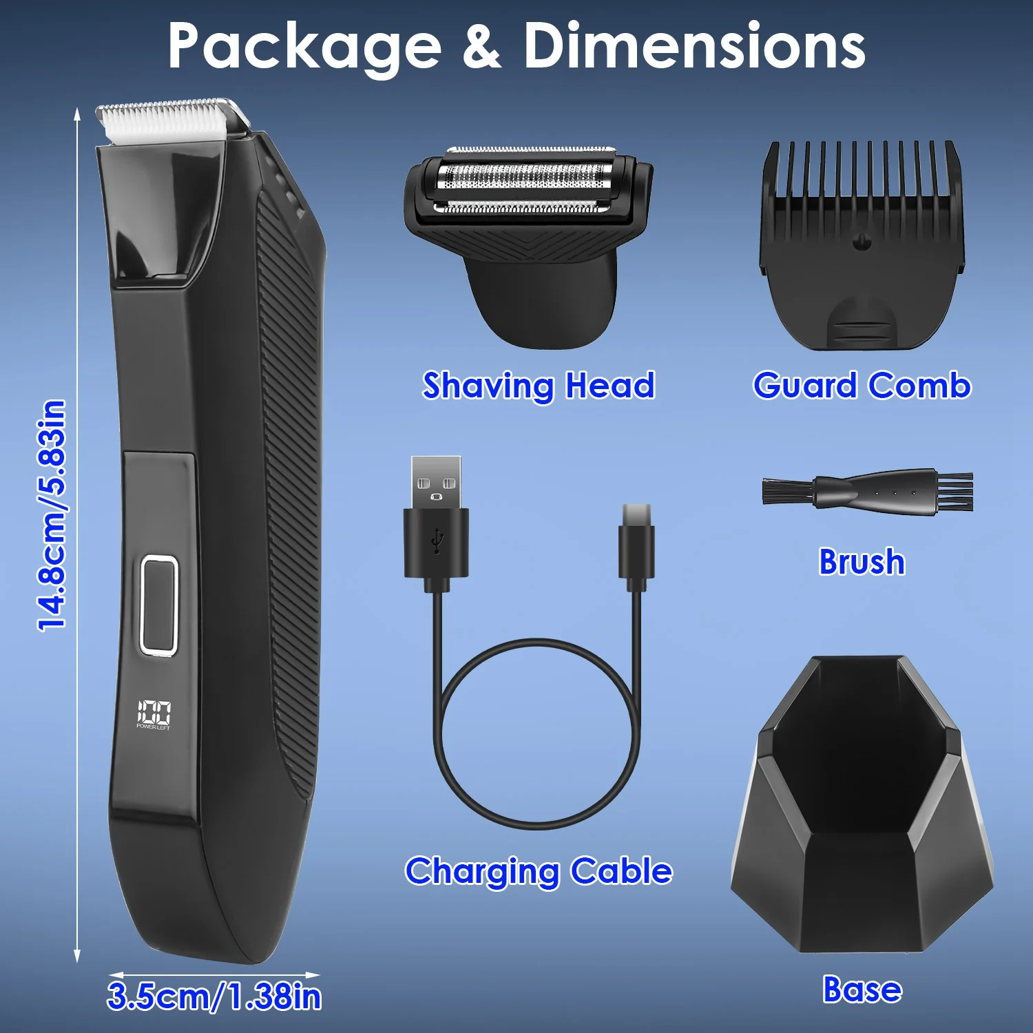 1Pc 2 In 1 Electric Body Trimmer For Men Cordless Beard Groin Ball Pubic Hair Shaver IPX7 Waterproof Razor With LED Light LCD Display Guard Comb Shaving Head - Image 8