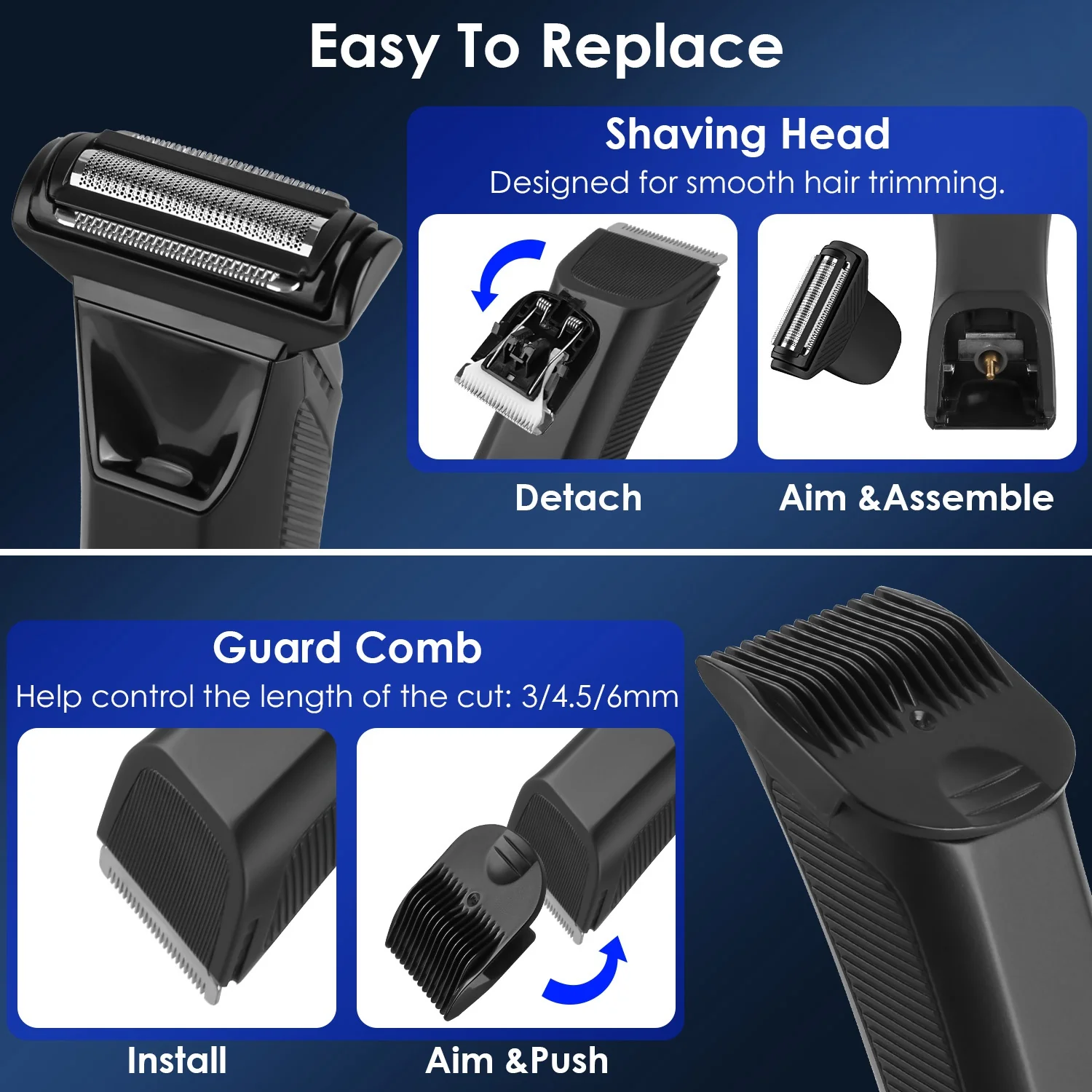 1Pc 2 In 1 Electric Body Trimmer For Men Cordless Beard Groin Ball Pubic Hair Shaver IPX7 Waterproof Razor With LED Light LCD Display Guard Comb Shaving Head - Image 9