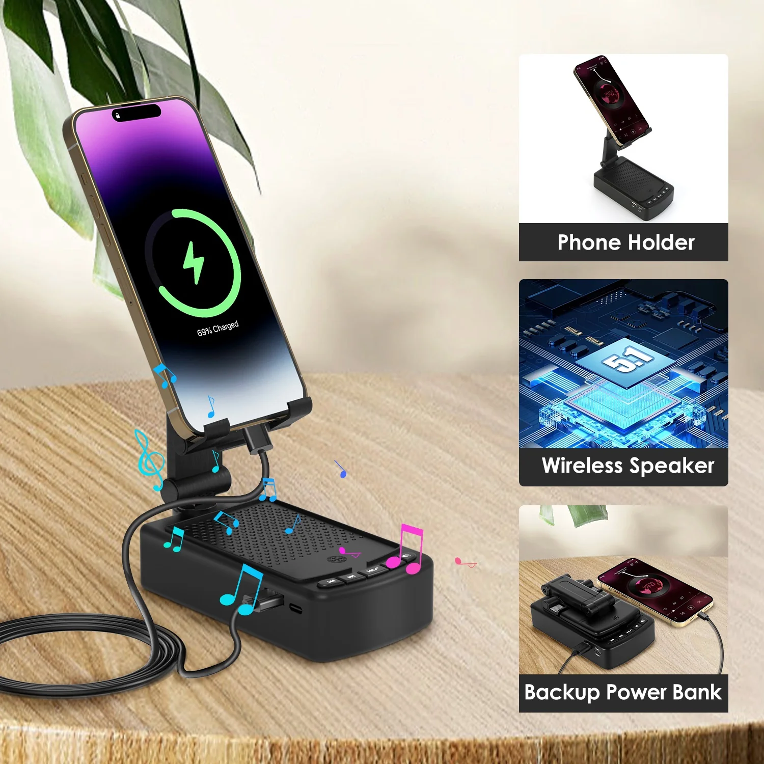 1Pc Cell Phone Stand With HD Surround Wireless Speaker Power Bank Portable Foldable Charging Phone Stand With Anti Slip Base Compatible With Phone Tablet For Home Office Outdoor - Image 3