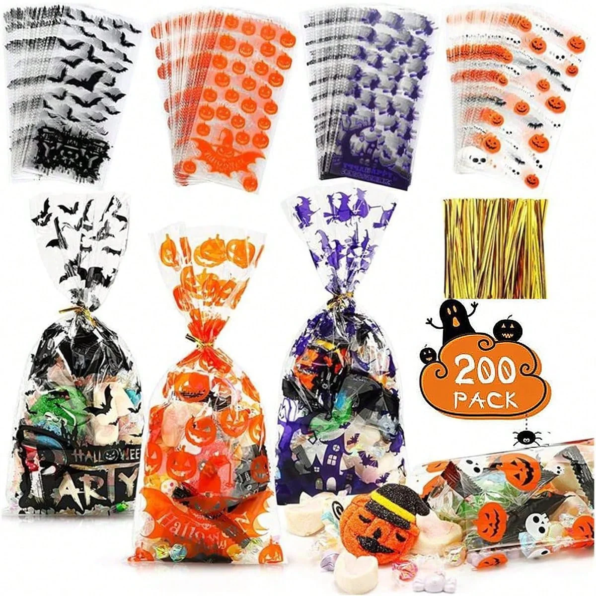 200 Pcs Halloween Gift Wrapping Bags With Twist Ties 5.1 X 10.8 Inch Cellophane Witch Bat Printing Flat Bag OPP Halloween Pumpkin Treat Packaging Bags For Party Favors Halloween Decoration - Image 11
