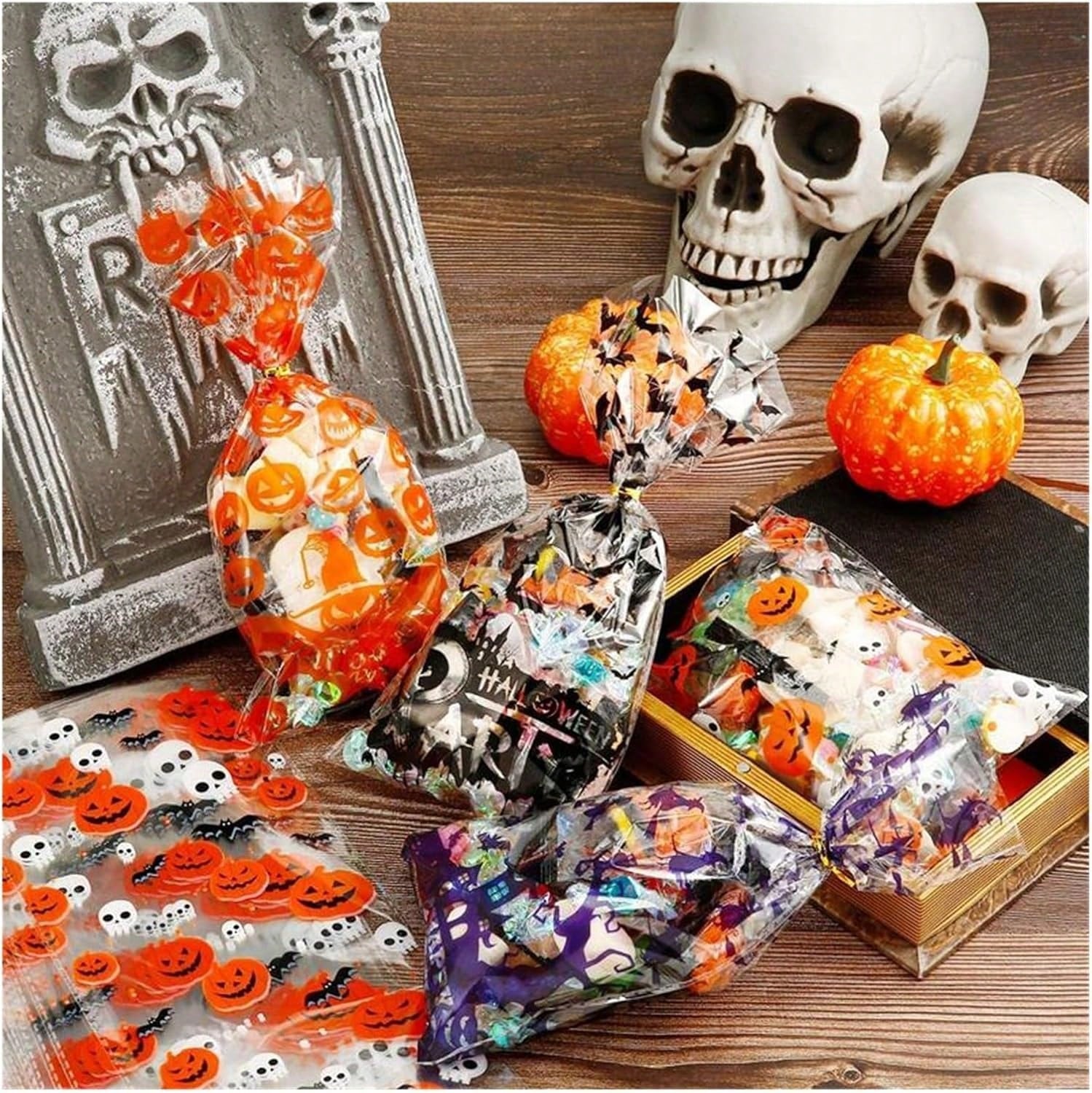 200 Pcs Halloween Gift Wrapping Bags With Twist Ties 5.1 X 10.8 Inch Cellophane Witch Bat Printing Flat Bag OPP Halloween Pumpkin Treat Packaging Bags For Party Favors Halloween Decoration - Image 8