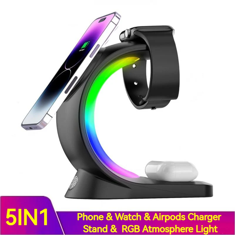 4 In 1 Magnetic Wireless Charger Fast Charging For Smart Phone Atmosphere Light Charging Station For Airpods Pro I-phone Watch - Image 3