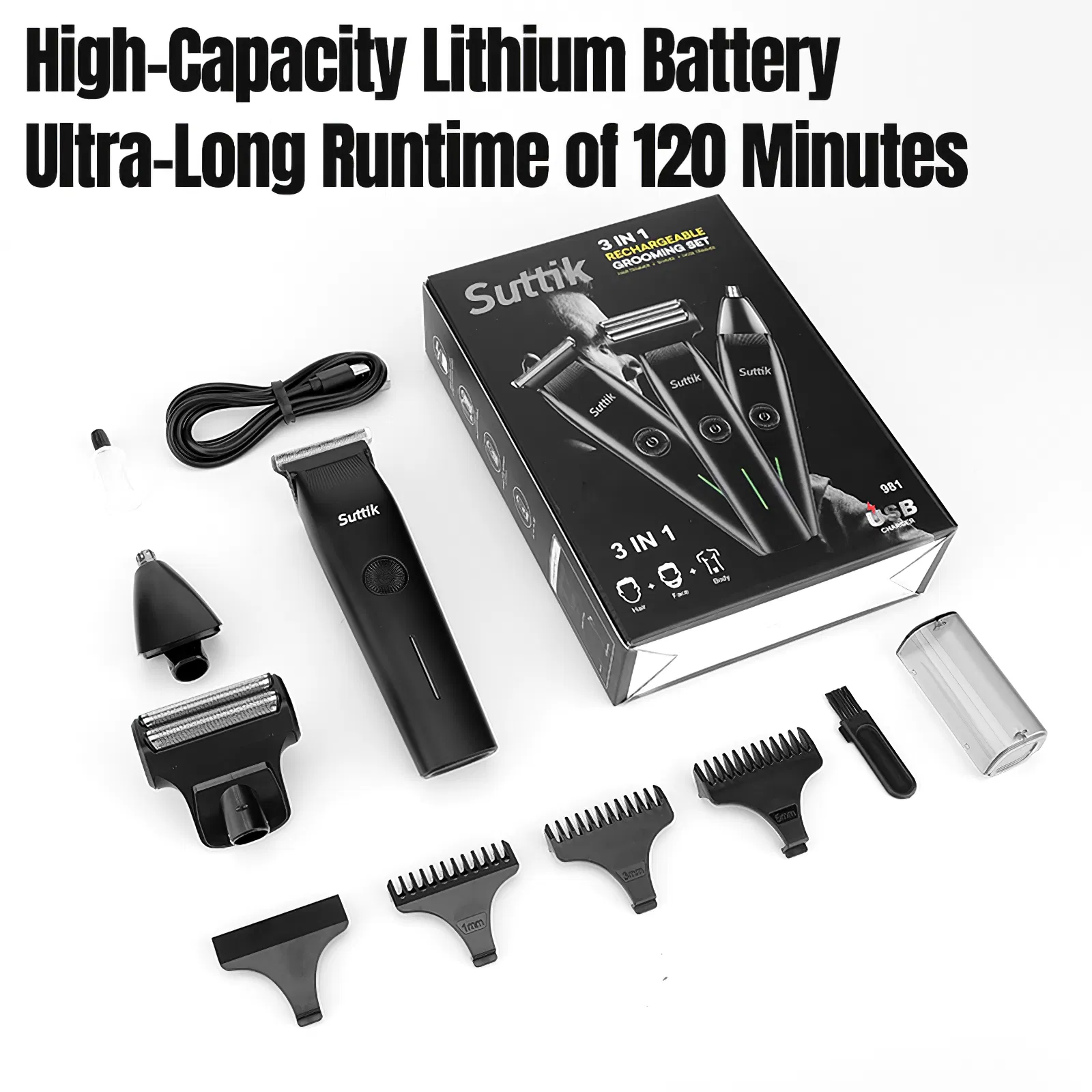 Beard Trimmer, 3 In 1 Hair Clippers And Mens Grooming Kit, Face, Nose, Ear Hair Trimmer - Black - Image 4