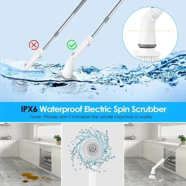 Electric Spin Scrubber Cordless Rechargeable Telescopic Cleaning Brush 6 Replaceable Heads - Image 2
