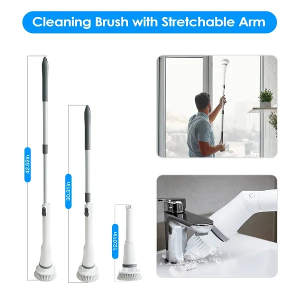Electric Spin Scrubber Cordless Rechargeable Telescopic Cleaning Brush 6 Replaceable Heads - Image 4