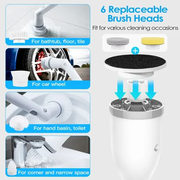 Electric Spin Scrubber Cordless Rechargeable Telescopic Cleaning Brush 6 Replaceable Heads - Image 5
