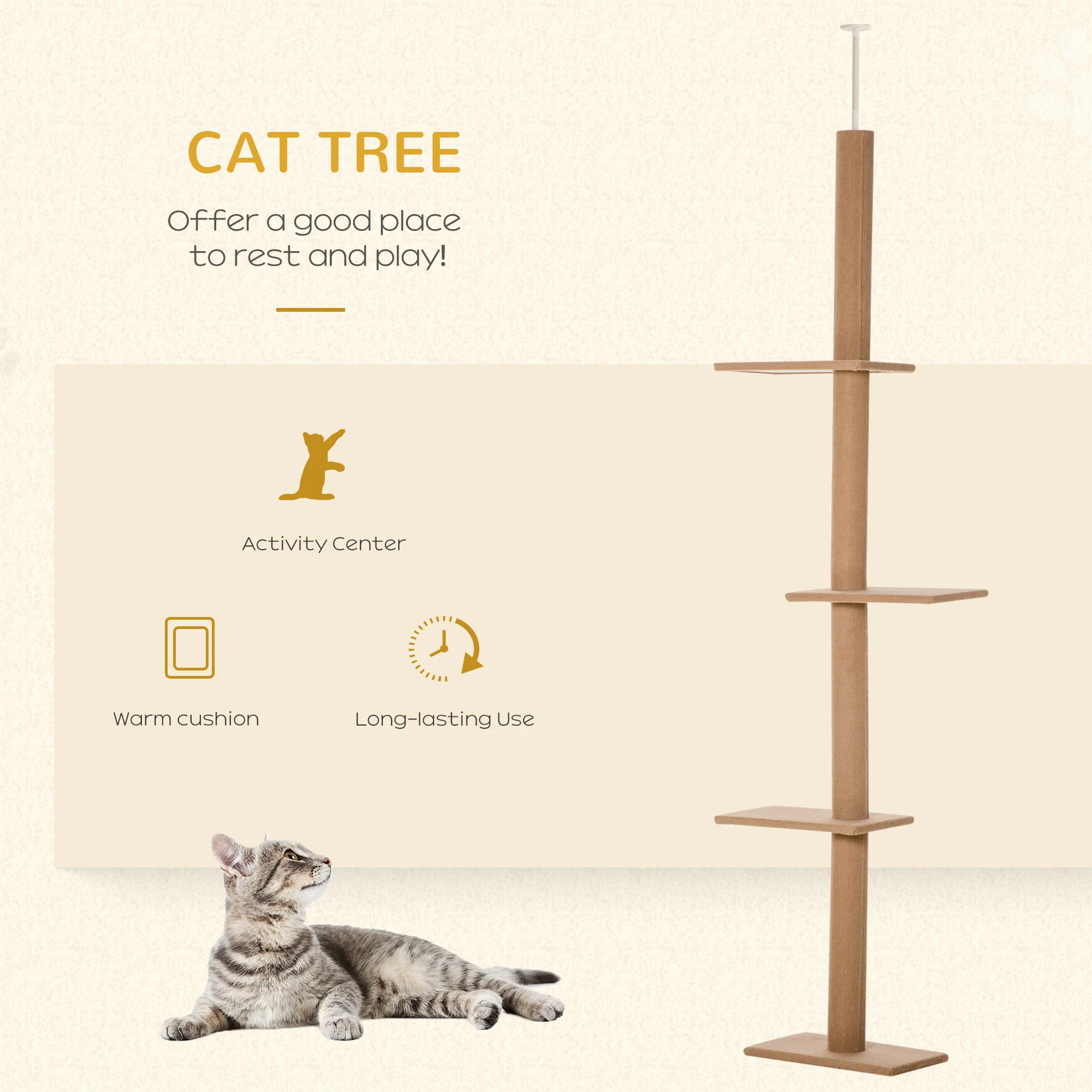 Floor-to-Ceiling Cat Tree Cat Climbing Tower with Sisal-Covered Scratching Posts Natural Cat Tree Activity Center for Kittens Cat Tower Furniture, Brown - Image 2