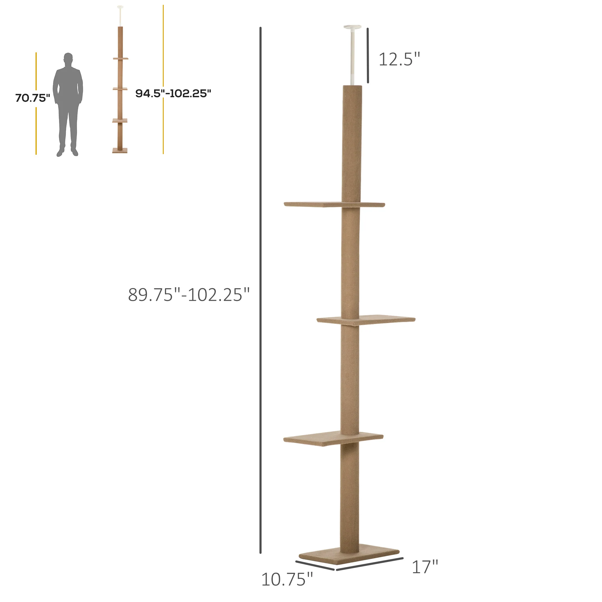 Floor-to-Ceiling Cat Tree Cat Climbing Tower with Sisal-Covered Scratching Posts Natural Cat Tree Activity Center for Kittens Cat Tower Furniture, Brown - Image 3