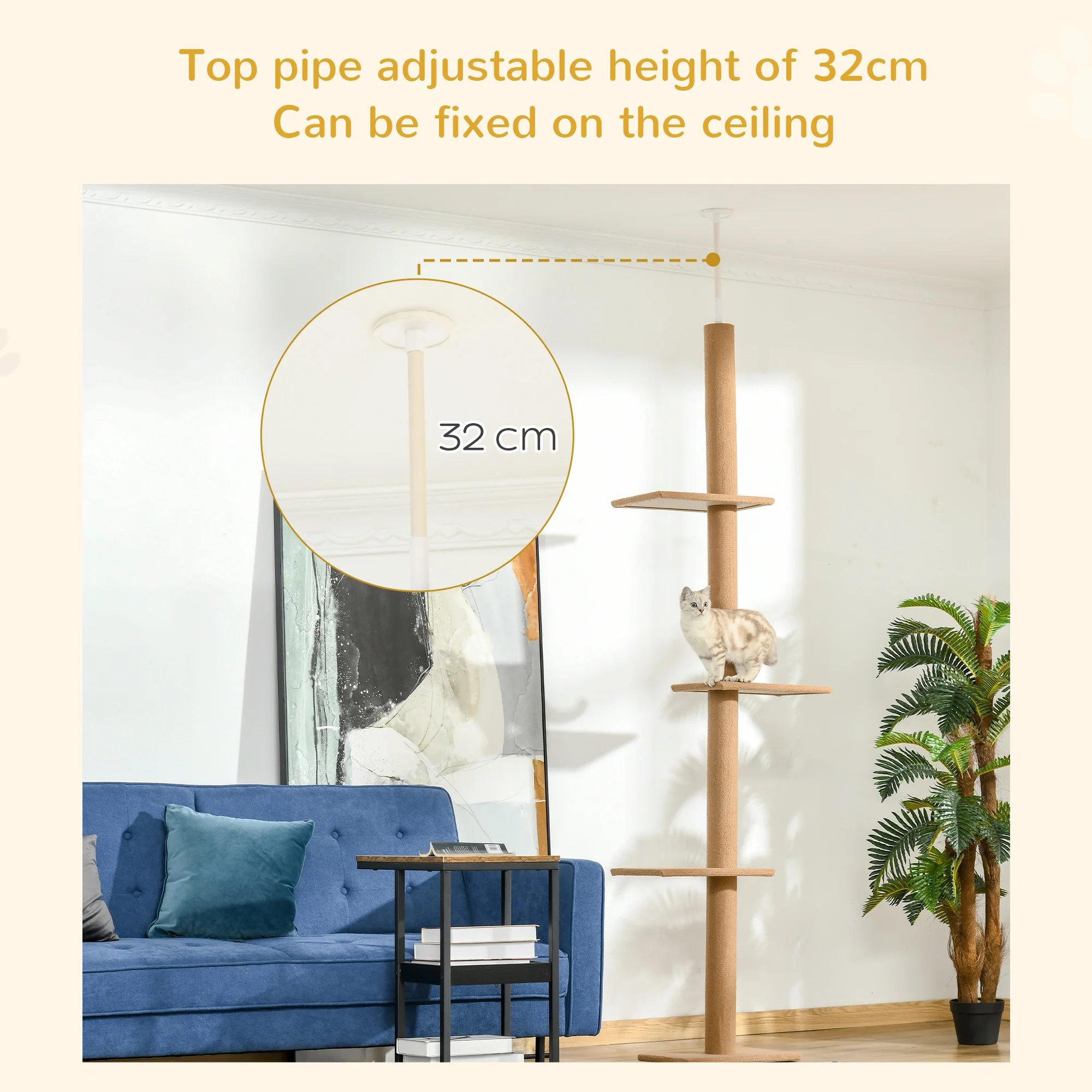 Floor-to-Ceiling Cat Tree Cat Climbing Tower with Sisal-Covered Scratching Posts Natural Cat Tree Activity Center for Kittens Cat Tower Furniture, Brown - Image 7