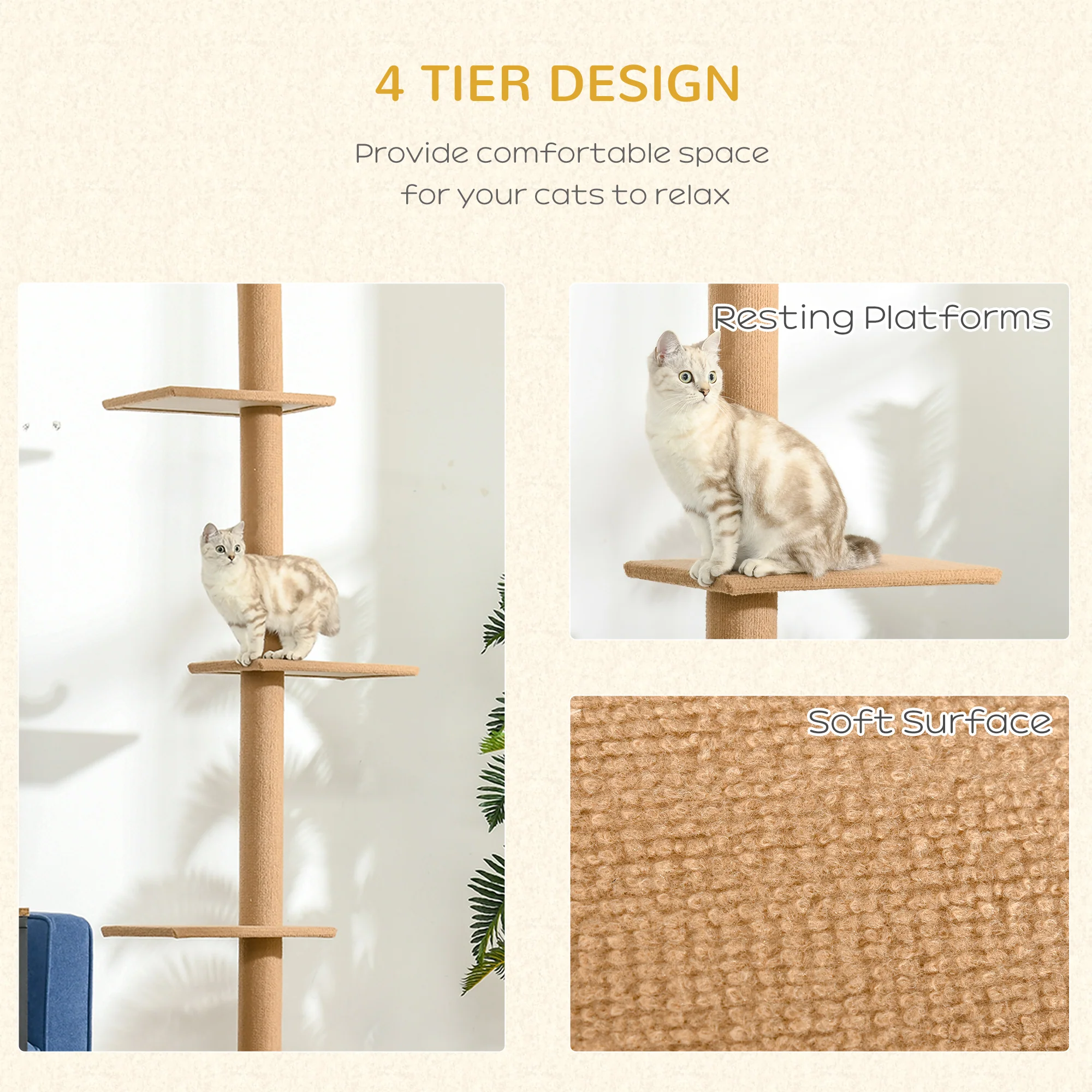 Floor-to-Ceiling Cat Tree Cat Climbing Tower with Sisal-Covered Scratching Posts Natural Cat Tree Activity Center for Kittens Cat Tower Furniture, Brown - Image 8