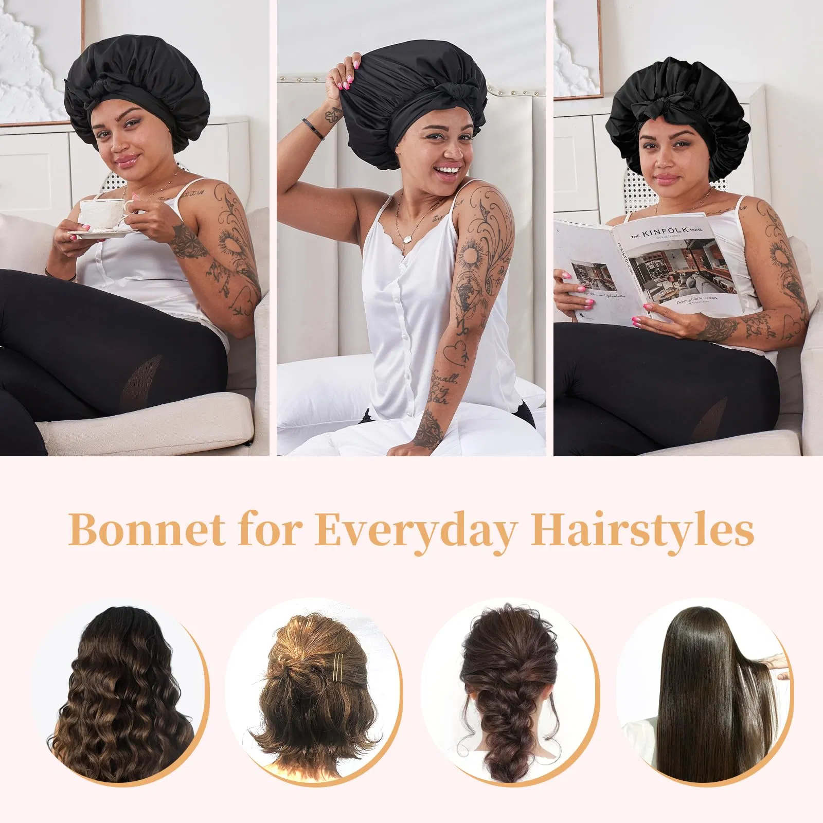 Silk Bonnet For Sleeping Women, Satin Hair Bonnet For Sleeping For Wavy Curly Natural Hair Women Men - Black - Image 5