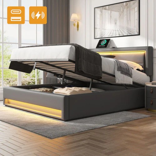 Upholstered Bed 135 X 190 Cm,Double Bed-4ft6,with USB Port Supports Wireless And Wired Charging, With LED Lighting And Storage Space, Without Mattress, PU-Lychee Design, Gray - Image 10
