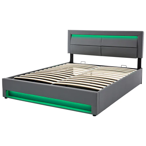 Upholstered Bed 135 X 190 Cm,Double Bed-4ft6,with USB Port Supports Wireless And Wired Charging, With LED Lighting And Storage Space, Without Mattress, PU-Lychee Design, Gray - Image 11