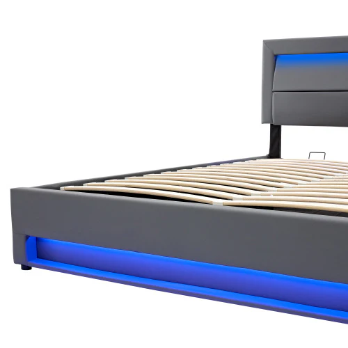 Upholstered Bed 135 X 190 Cm,Double Bed-4ft6,with USB Port Supports Wireless And Wired Charging, With LED Lighting And Storage Space, Without Mattress, PU-Lychee Design, Gray - Image 8