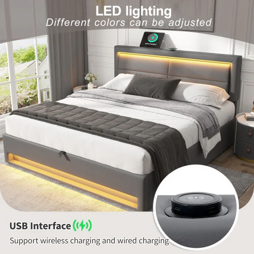 Upholstered Bed 135 X 190 Cm,Double Bed-4ft6,with USB Port Supports Wireless And Wired Charging, With LED Lighting And Storage Space, Without Mattress, PU-Lychee Design, Gray - Image 9