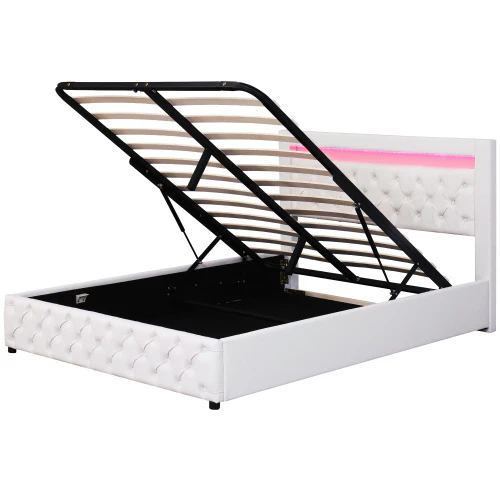 Upholstered Bed 150 X 200 Cm Functional Bed With Slatted Frame And Storage Space, LED Lighting In Different Colors, White, PU - Image 10
