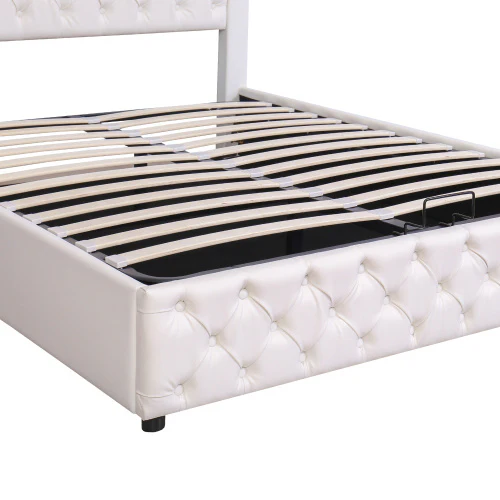Upholstered Bed 150 X 200 Cm Functional Bed With Slatted Frame And Storage Space, LED Lighting In Different Colors, White, PU - Image 4