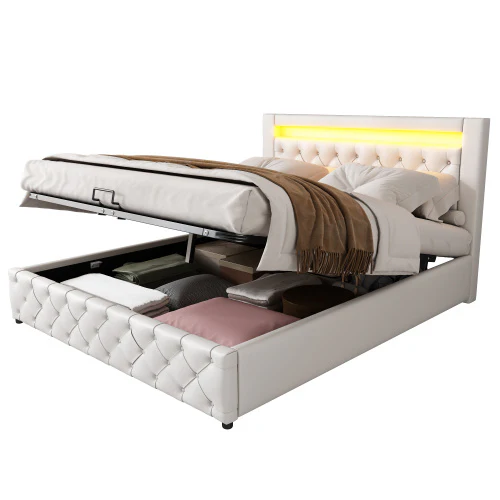 Upholstered Bed 150 X 200 Cm Functional Bed With Slatted Frame And Storage Space, LED Lighting In Different Colors, White, PU - Image 5