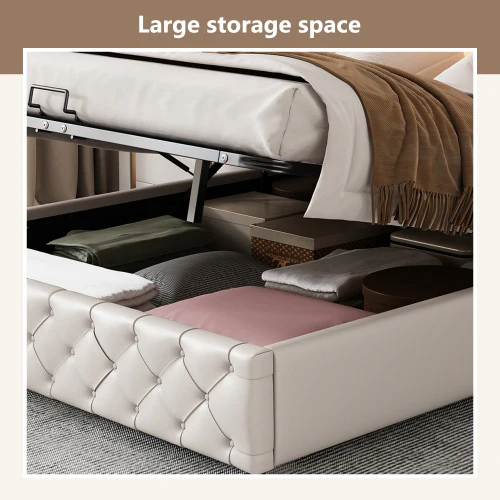 Upholstered Bed 150 X 200 Cm Functional Bed With Slatted Frame And Storage Space, LED Lighting In Different Colors, White, PU - Image 6