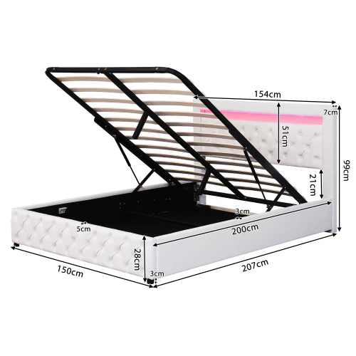Upholstered Bed 150 X 200 Cm Functional Bed With Slatted Frame And Storage Space, LED Lighting In Different Colors, White, PU - Image 7