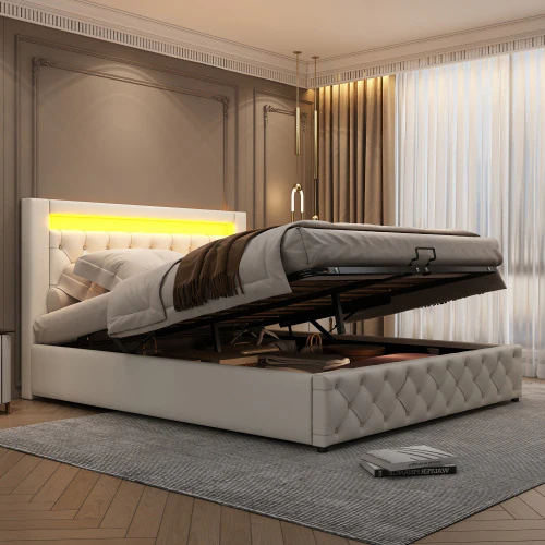 Upholstered Bed 150 X 200 Cm Functional Bed With Slatted Frame And Storage Space, LED Lighting In Different Colors, White, PU - Image 8