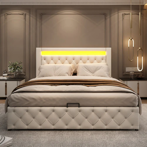 Upholstered Bed 150 X 200 Cm Functional Bed With Slatted Frame And Storage Space, LED Lighting In Different Colors, White, PU - Image 9