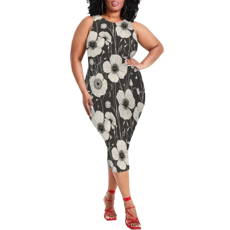 Women Casual Sexy Bodycon Tank Top Round Neck Dress Summer Pencil Sleeveless Basic Midi Club Dresses Beach Party - Image 5