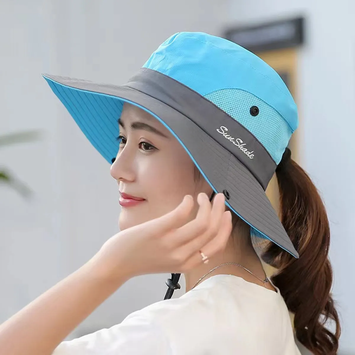 Women Large Brim With Leaking Ponytail Quick Drying Bucket Hats Fishermen Caps Outdoor Casual Cap Women Sunscreen Hat - Image 5